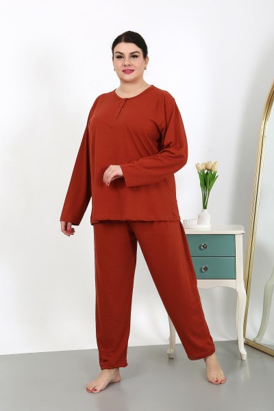 Moda Çizgi Kadın Büyük Beden Uzun Kol Penye Pijama Takımı Kiremit 202501 - Thumbnail