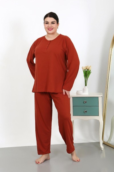 Moda Çizgi Kadın Büyük Beden Uzun Kol Penye Pijama Takımı Kiremit 202501 - Thumbnail