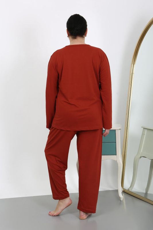 Moda Çizgi Kadın Büyük Beden Uzun Kol Penye Pijama Takımı Kiremit 202501 - 6