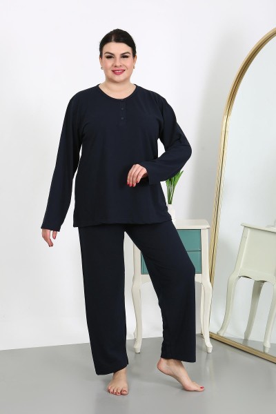  - Moda Çizgi Kadın Büyük Beden Uzun Kol Penye Pijama Takımı Lacivert 202501