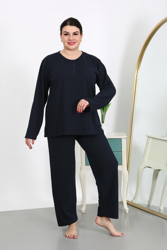 Moda Çizgi Kadın Büyük Beden Uzun Kol Penye Pijama Takımı Lacivert 202501 - 1
