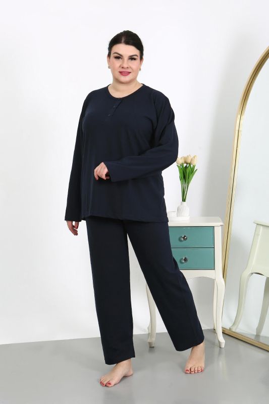 Moda Çizgi Kadın Büyük Beden Uzun Kol Penye Pijama Takımı Lacivert 202501 - 2