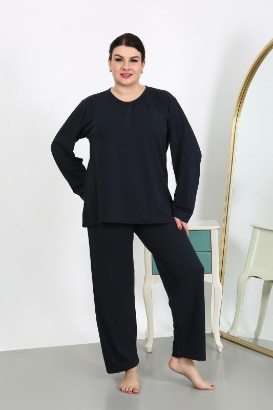 Moda Çizgi Kadın Büyük Beden Uzun Kol Penye Pijama Takımı Lacivert 202501 - 3