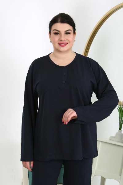 Moda Çizgi Kadın Büyük Beden Uzun Kol Penye Pijama Takımı Lacivert 202501 - Thumbnail