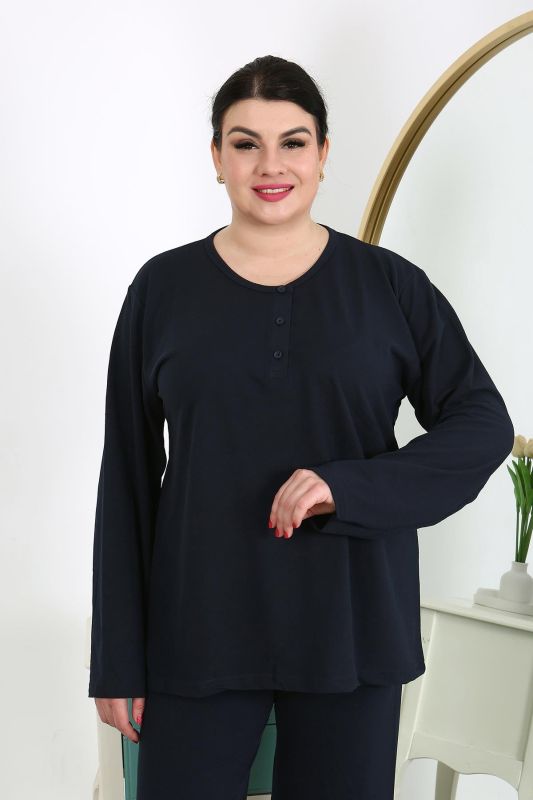 Moda Çizgi Kadın Büyük Beden Uzun Kol Penye Pijama Takımı Lacivert 202501 - 4