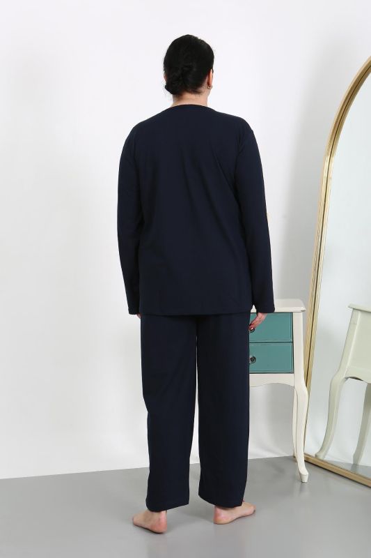 Moda Çizgi Kadın Büyük Beden Uzun Kol Penye Pijama Takımı Lacivert 202501 - 5