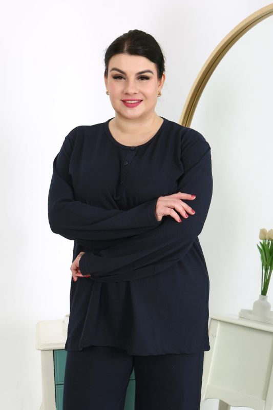 Moda Çizgi Kadın Büyük Beden Uzun Kol Penye Pijama Takımı Lacivert 202501 - 6
