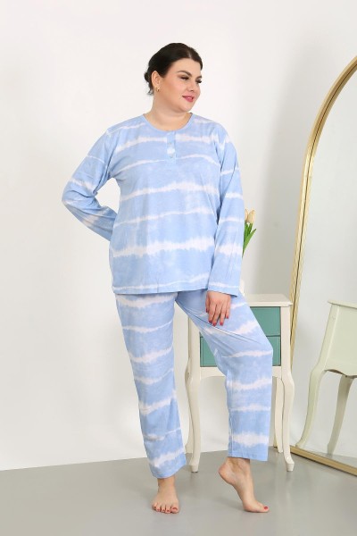  - Moda Çizgi Kadın Büyük Beden Uzun Kol Penye Pijama Takımı Mavi 202502
