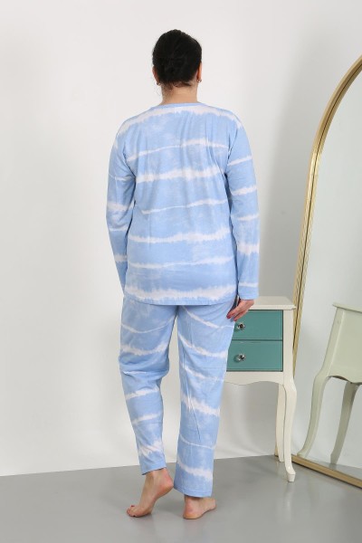 Moda Çizgi Kadın Büyük Beden Uzun Kol Penye Pijama Takımı Mavi 202502 - Thumbnail