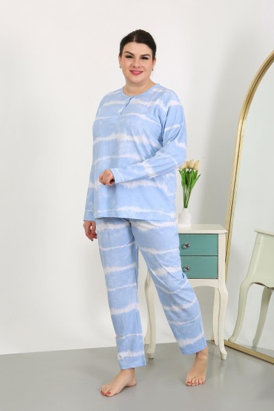 Moda Çizgi Kadın Büyük Beden Uzun Kol Penye Pijama Takımı Mavi 202502 - Thumbnail