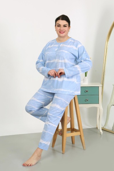 Moda Çizgi Kadın Büyük Beden Uzun Kol Penye Pijama Takımı Mavi 202502 - Thumbnail