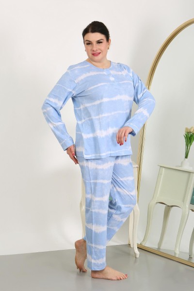 Moda Çizgi Kadın Büyük Beden Uzun Kol Penye Pijama Takımı Mavi 202502 - Thumbnail