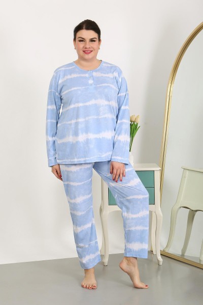 Moda Çizgi Kadın Büyük Beden Uzun Kol Penye Pijama Takımı Mavi 202502 - Thumbnail