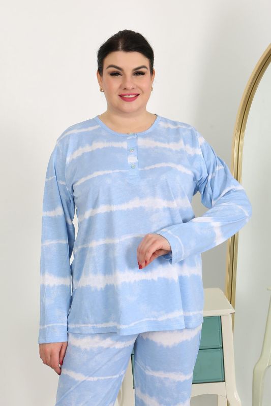 Moda Çizgi Kadın Büyük Beden Uzun Kol Penye Pijama Takımı Mavi 202502 - 7