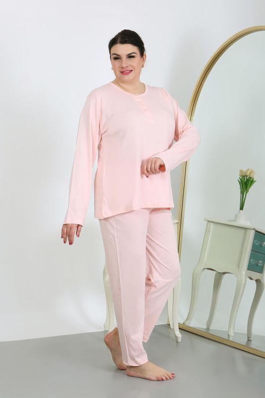 Moda Çizgi Kadın Büyük Beden Uzun Kol Penye Pijama Takımı Pembe 202501 - 1