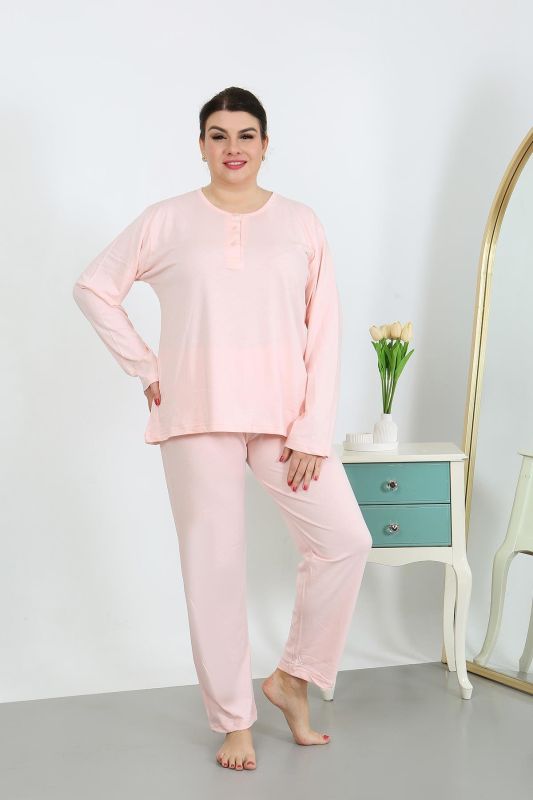 Moda Çizgi Kadın Büyük Beden Uzun Kol Penye Pijama Takımı Pembe 202501 - 2