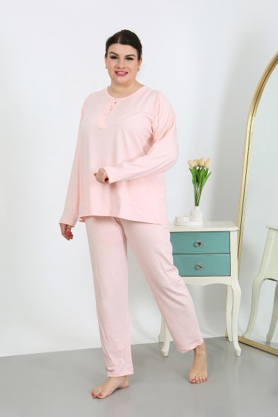 Moda Çizgi Kadın Büyük Beden Uzun Kol Penye Pijama Takımı Pembe 202501 - Thumbnail