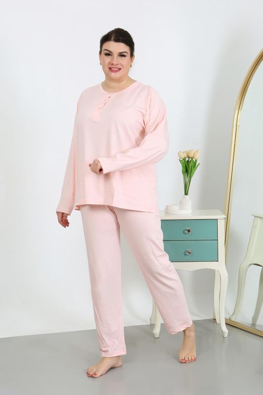 Moda Çizgi Kadın Büyük Beden Uzun Kol Penye Pijama Takımı Pembe 202501 - 3