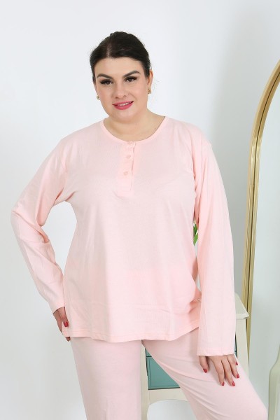 Moda Çizgi Kadın Büyük Beden Uzun Kol Penye Pijama Takımı Pembe 202501 - Thumbnail