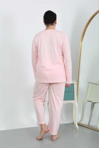 Moda Çizgi Kadın Büyük Beden Uzun Kol Penye Pijama Takımı Pembe 202501 - Thumbnail