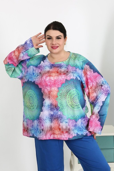  - Moda Çizgi Kadın Büyük Beden Uzun Kol Penye Pijama Takımı Saks 202503