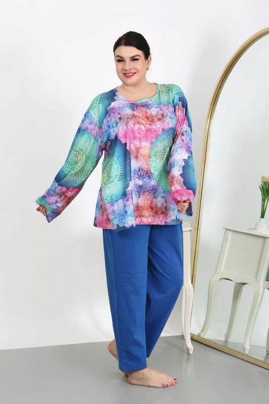 Moda Çizgi Kadın Büyük Beden Uzun Kol Penye Pijama Takımı Saks 202503 - 2