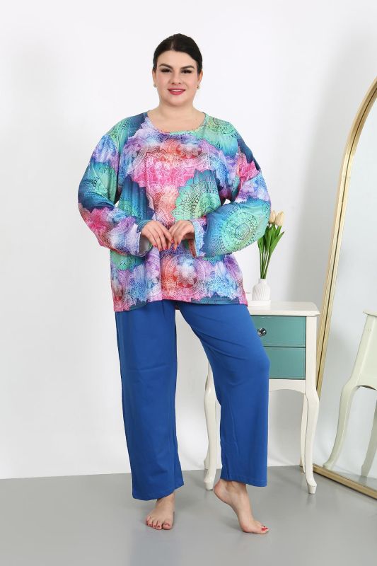 Moda Çizgi Kadın Büyük Beden Uzun Kol Penye Pijama Takımı Saks 202503 - 3