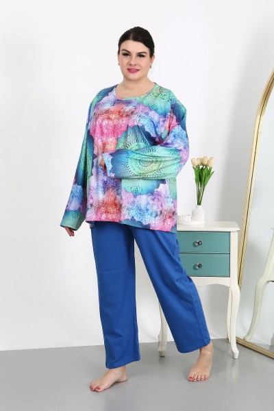 Moda Çizgi Kadın Büyük Beden Uzun Kol Penye Pijama Takımı Saks 202503 - Thumbnail