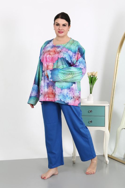Moda Çizgi Kadın Büyük Beden Uzun Kol Penye Pijama Takımı Saks 202503 - 4