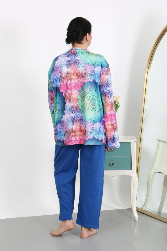 Moda Çizgi Kadın Büyük Beden Uzun Kol Penye Pijama Takımı Saks 202503 - 5