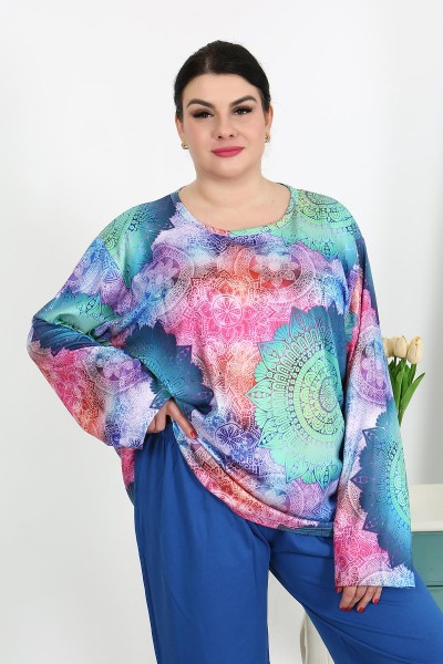 Moda Çizgi Kadın Büyük Beden Uzun Kol Penye Pijama Takımı Saks 202503 - Thumbnail