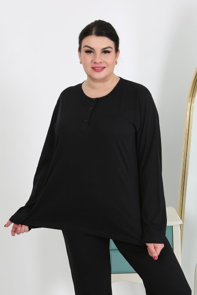  - Moda Çizgi Kadın Büyük Beden Uzun Kol Penye Pijama Takımı Siyah 202501