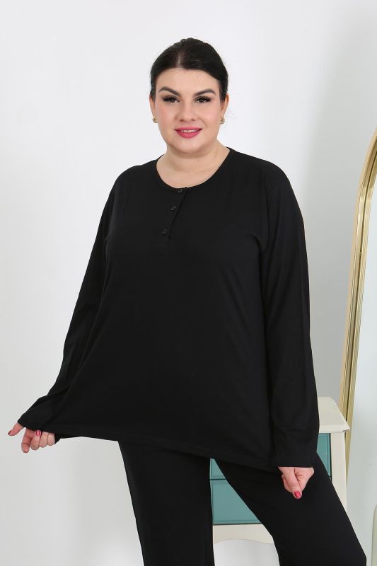 Moda Çizgi Kadın Büyük Beden Uzun Kol Penye Pijama Takımı Siyah 202501 - 1