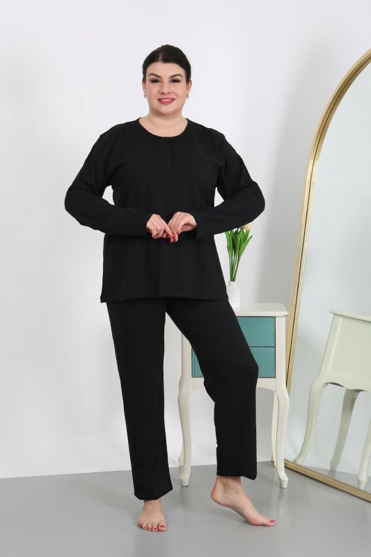 Moda Çizgi Kadın Büyük Beden Uzun Kol Penye Pijama Takımı Siyah 202501 - 2