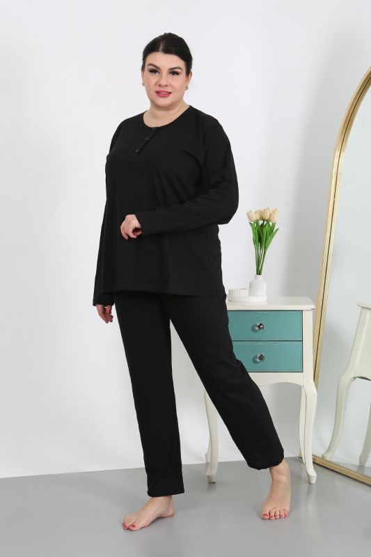 Moda Çizgi Kadın Büyük Beden Uzun Kol Penye Pijama Takımı Siyah 202501 - 3