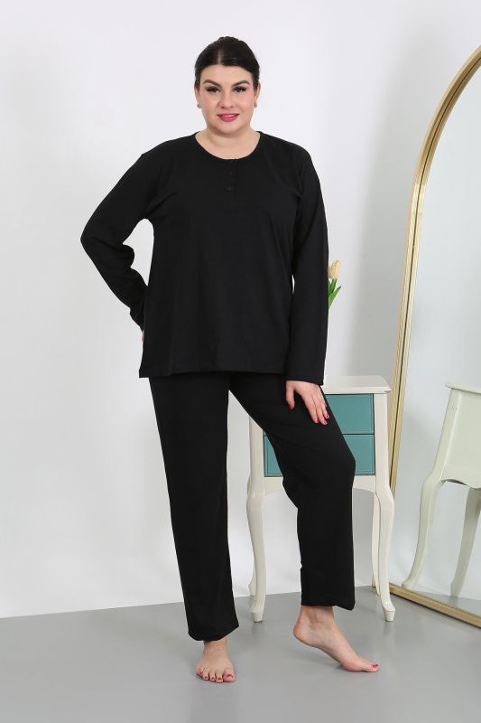 Moda Çizgi Kadın Büyük Beden Uzun Kol Penye Pijama Takımı Siyah 202501 - 4