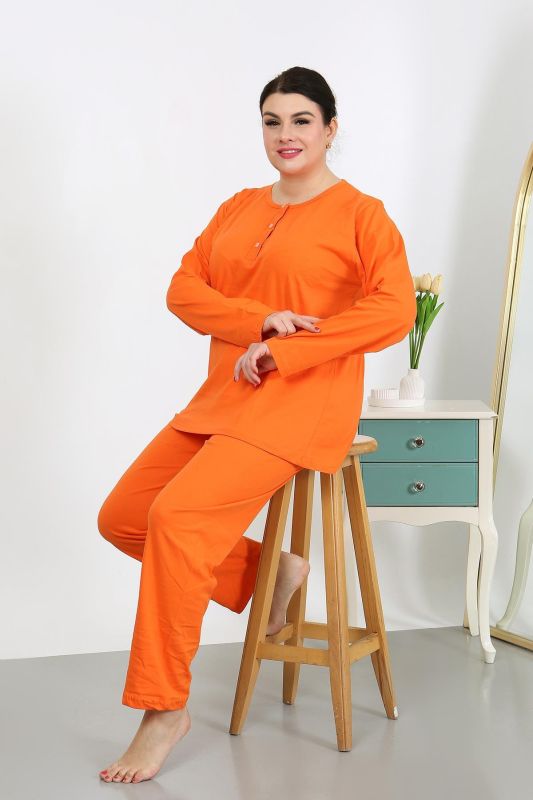 Moda Çizgi Kadın Büyük Beden Uzun Kol Penye Pijama Takımı Turuncu 202501 - 1
