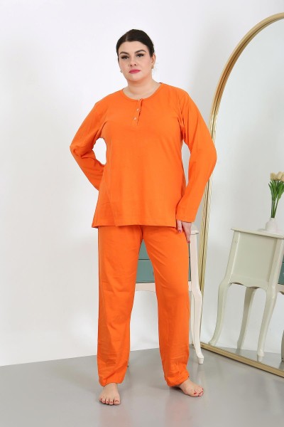 Moda Çizgi Kadın Büyük Beden Uzun Kol Penye Pijama Takımı Turuncu 202501 - Thumbnail