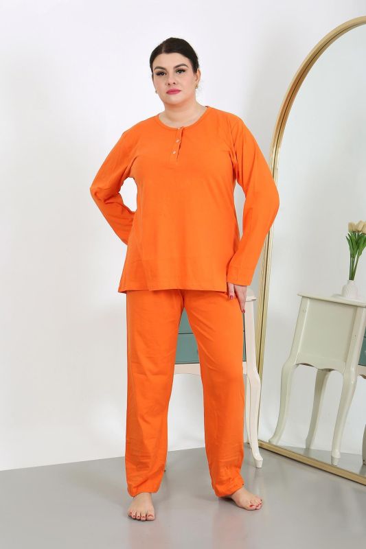 Moda Çizgi Kadın Büyük Beden Uzun Kol Penye Pijama Takımı Turuncu 202501 - 2