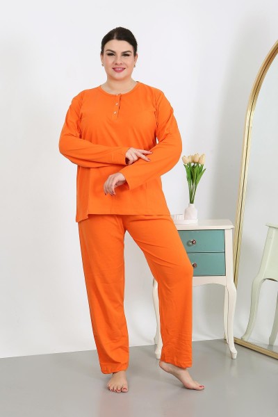 Moda Çizgi Kadın Büyük Beden Uzun Kol Penye Pijama Takımı Turuncu 202501 - Thumbnail