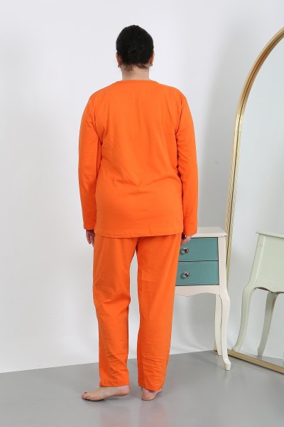 Moda Çizgi Kadın Büyük Beden Uzun Kol Penye Pijama Takımı Turuncu 202501 - Thumbnail