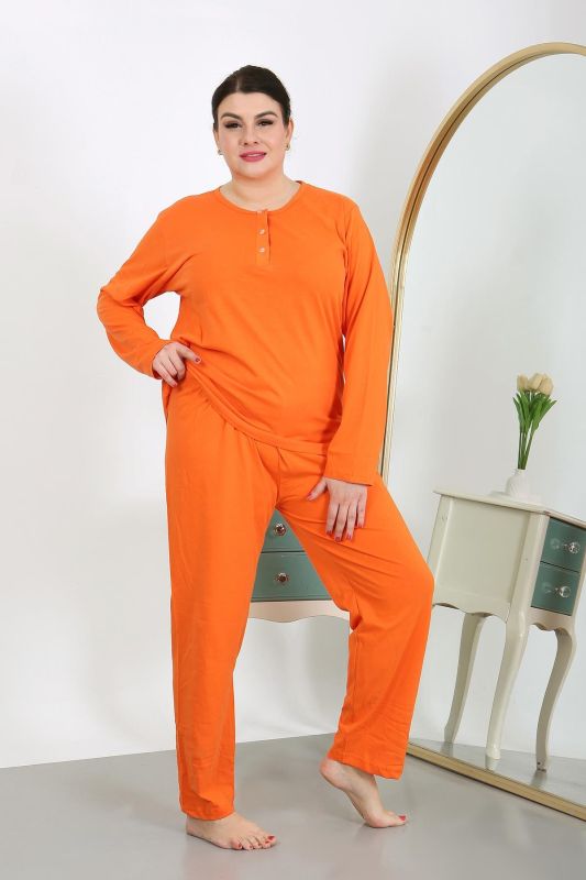 Moda Çizgi Kadın Büyük Beden Uzun Kol Penye Pijama Takımı Turuncu 202501 - 6