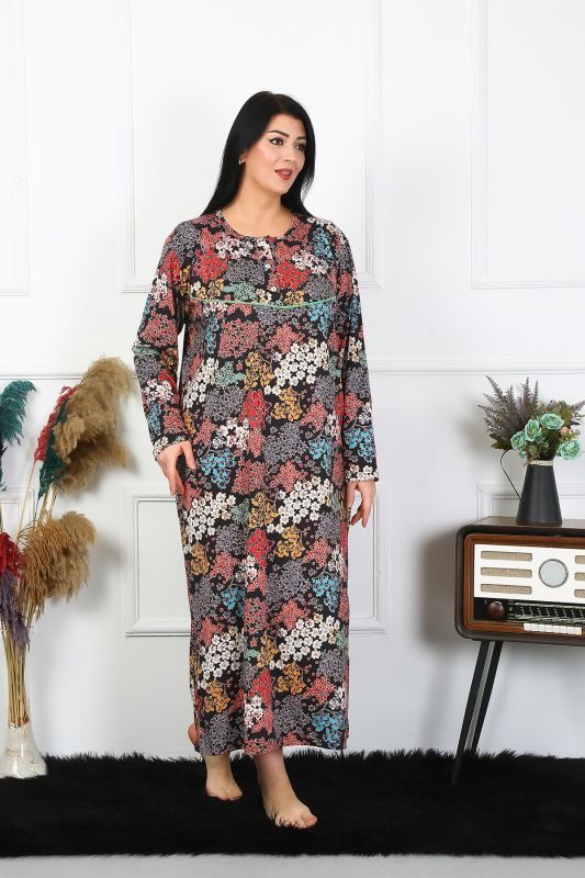 Moda Çizgi Kadın Büyük Beden Uzun Kol Siyah Anne Gecelik 1365 - 1