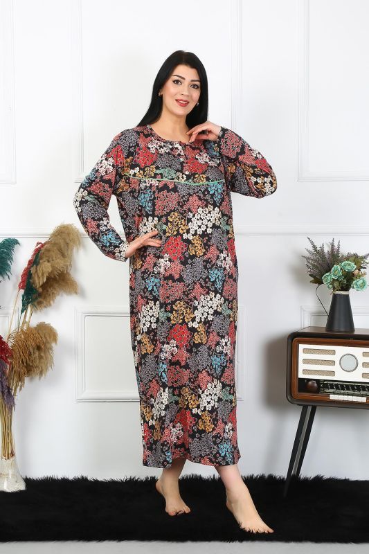 Moda Çizgi Kadın Büyük Beden Uzun Kol Siyah Anne Gecelik 1365 - 2