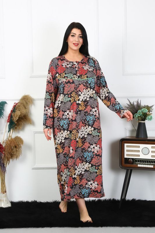 Moda Çizgi Kadın Büyük Beden Uzun Kol Siyah Anne Gecelik 1365 - 3