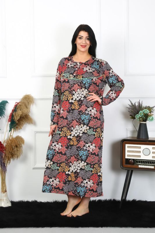 Moda Çizgi Kadın Büyük Beden Uzun Kol Siyah Anne Gecelik 1365 - 5