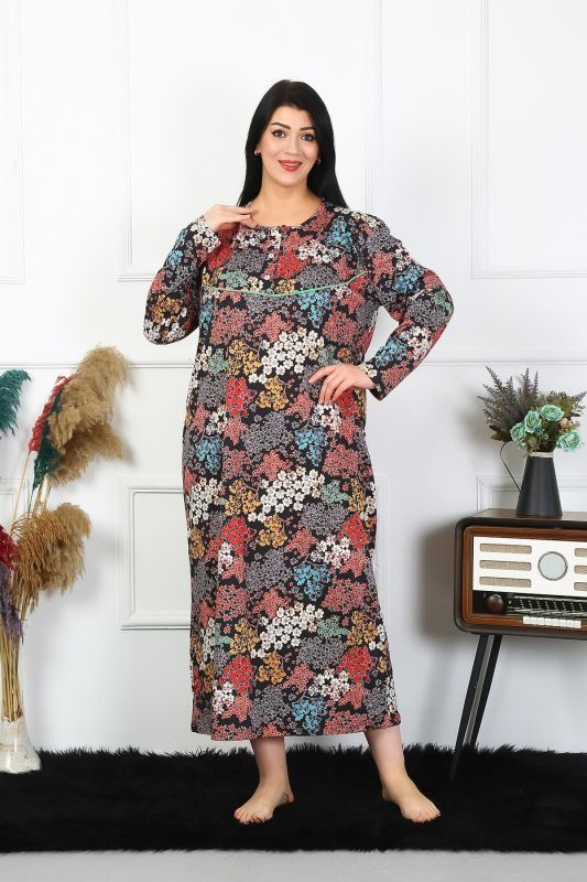 Moda Çizgi Kadın Büyük Beden Uzun Kol Siyah Anne Gecelik 1365 - 6