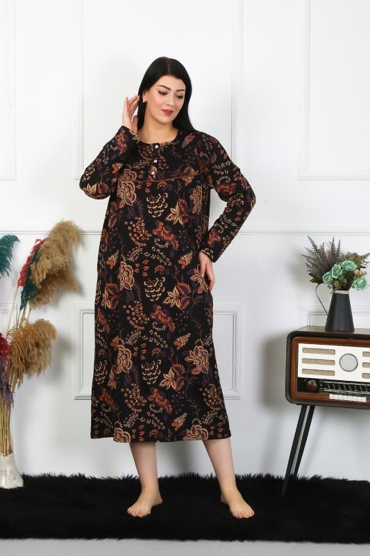 Moda Çizgi Kadın Büyük Beden Uzun Kol Siyah Anne Gecelik 1367 - 1
