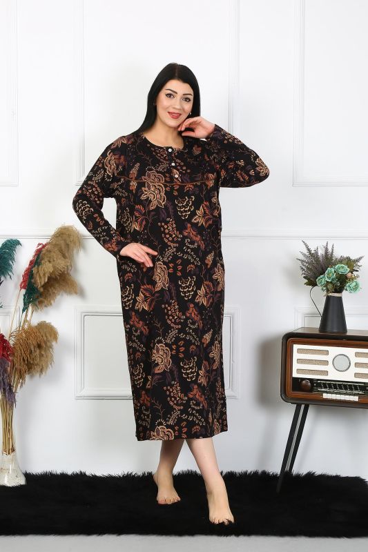 Moda Çizgi Kadın Büyük Beden Uzun Kol Siyah Anne Gecelik 1367 - 2