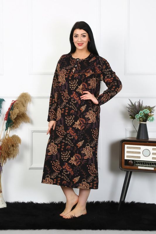Moda Çizgi Kadın Büyük Beden Uzun Kol Siyah Anne Gecelik 1367 - 3